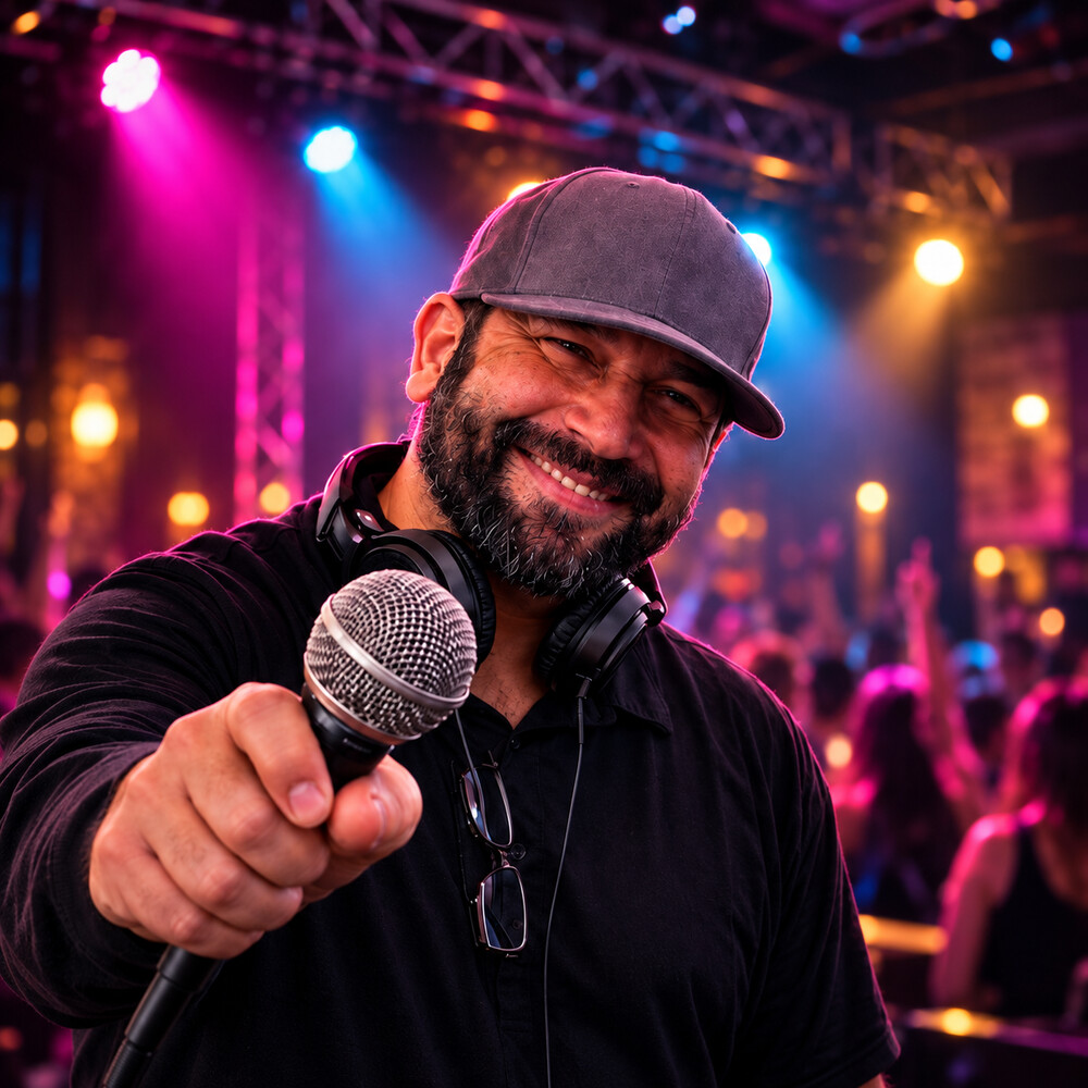 DJ Dave D holding a microphone at a live karaoke event
